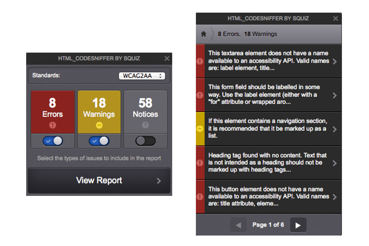 Screenshot of the HTML Codesniffer applet interface showing number of errors and warnings against WCAG 2.0 level AA for a website.
