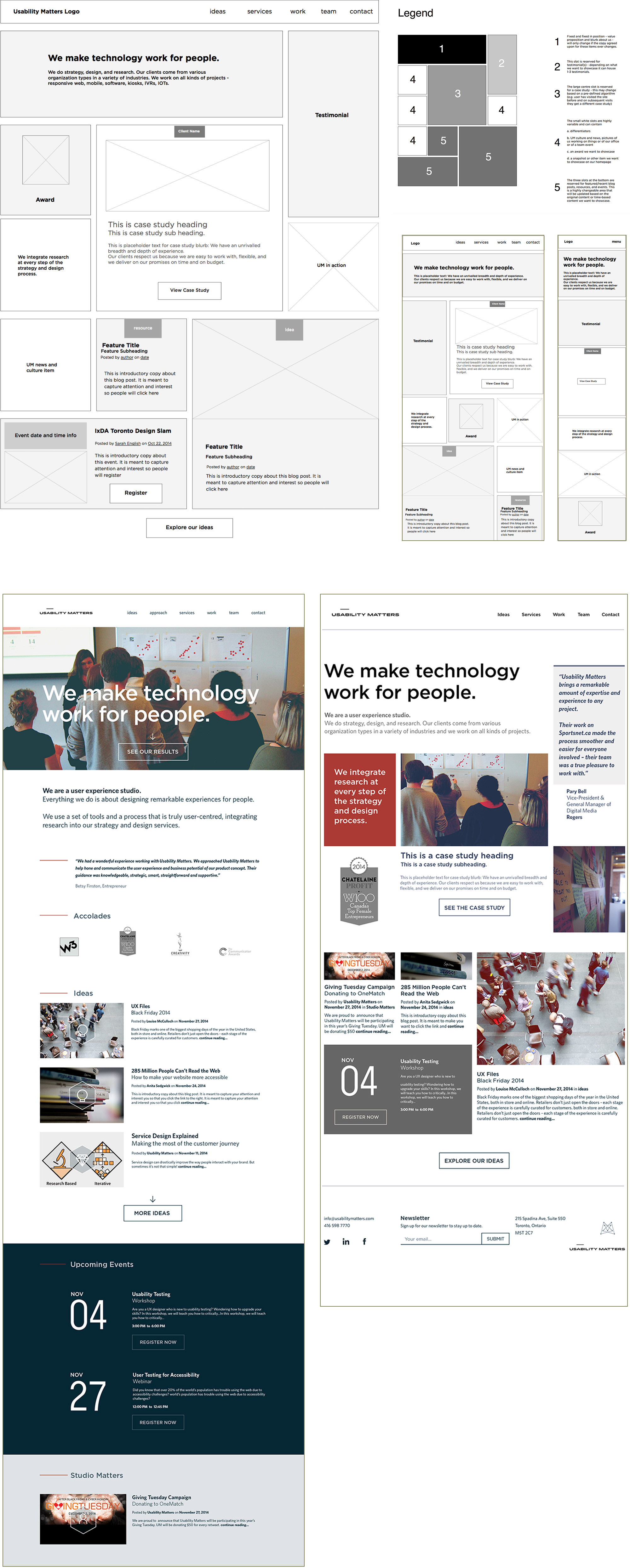 Wireframes and mockups of the home page for the new website.