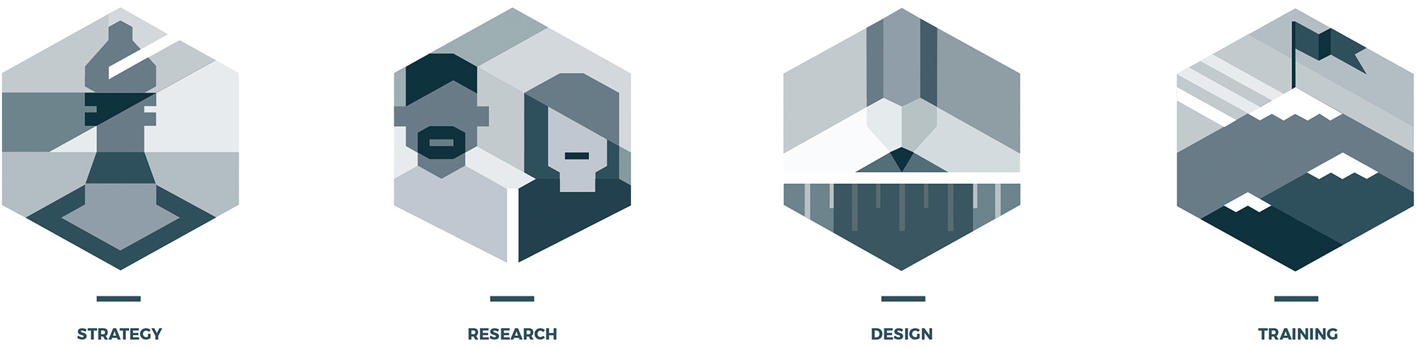 Icon set of four for the four service areas of strategy, research, design, and training.